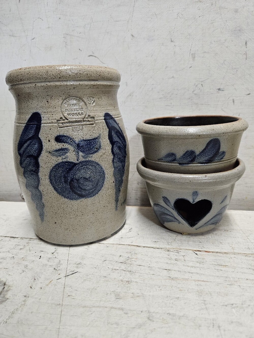 1980s Vintage ROWE POTTERY WORKS Salt Glaze Stoneware Crock & Tart Wax Warmer